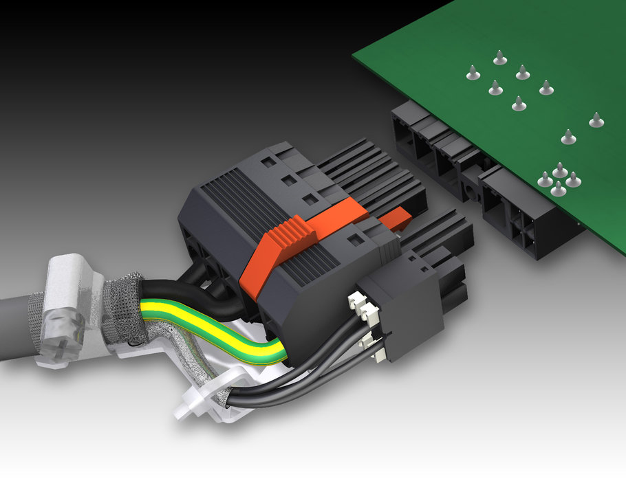 Connettori Weidmüller OMNIMATE POWER HYBRID SV/BVF 7.62 per circuito stampato – In una sola operazione, il connettore maschio collega i cavi di potenza e di segnale così come le schermature dei cavi ibridi.